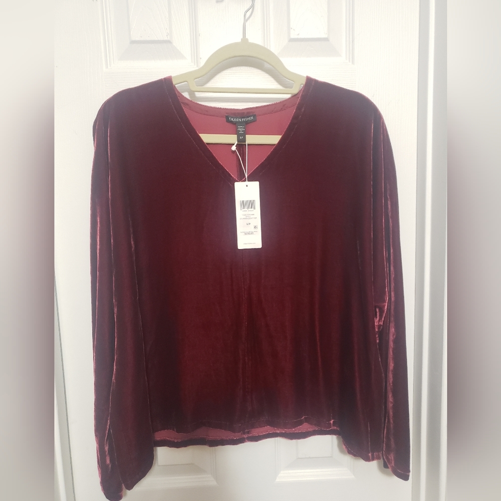 Eileen Fisher Velvet V-Neck Top, S, Deep Claret, velvet & silk